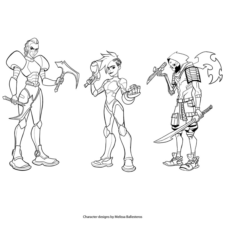 Trío de Guerreros — Boceto en Línea, character design by Melissa Ballesteros