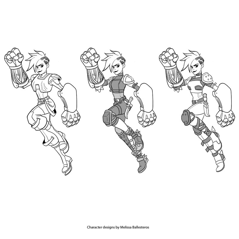 Luchadora Cyborg — Variantes de Pose, character design by Melissa Ballesteros
