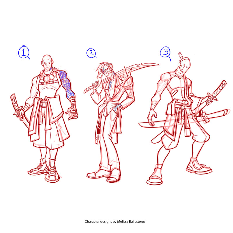 Samurai — Bocetos de Composición, character design by Melissa Ballesteros