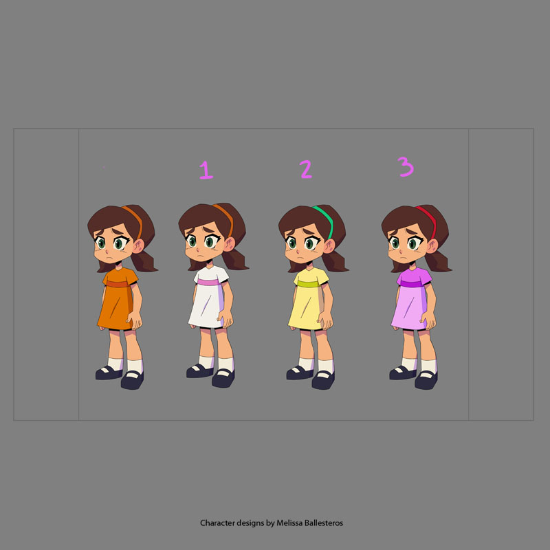 Niña Retro con Vestido — Variantes de Color, character design by Melissa Ballesteros