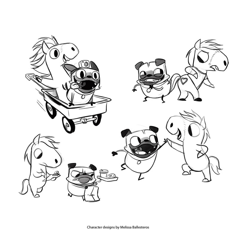 Pug y Pony — Bocetos de Poses, character design by Melissa Ballesteros
