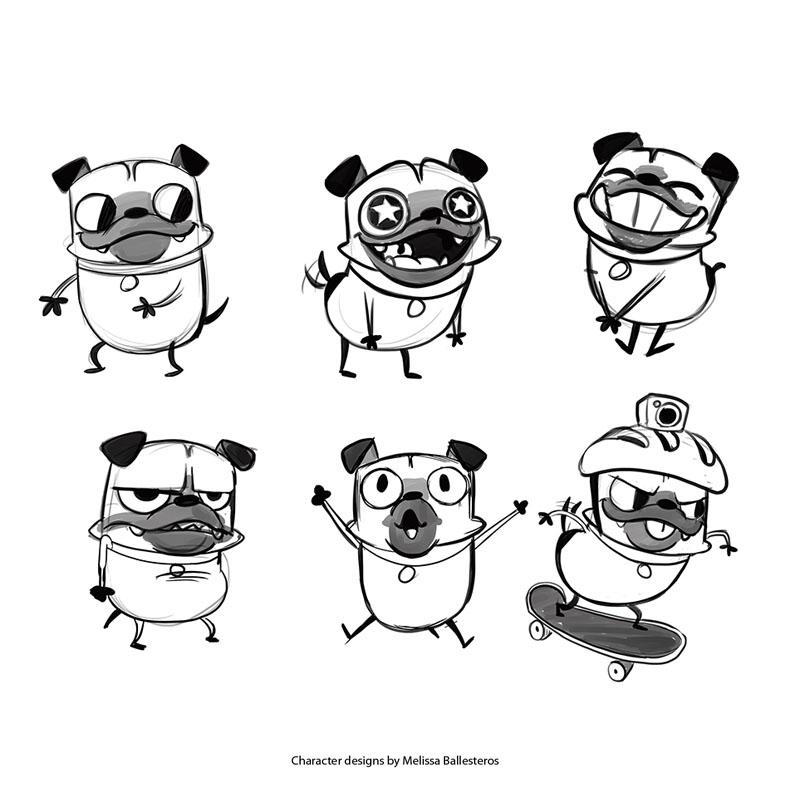 Pug — Expresiones y Poses, character design by Melissa Ballesteros
