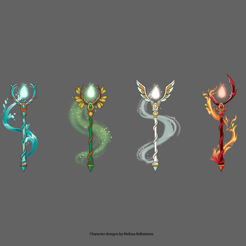 Bastones Elementales — Diseño, character design by Melissa Ballesteros