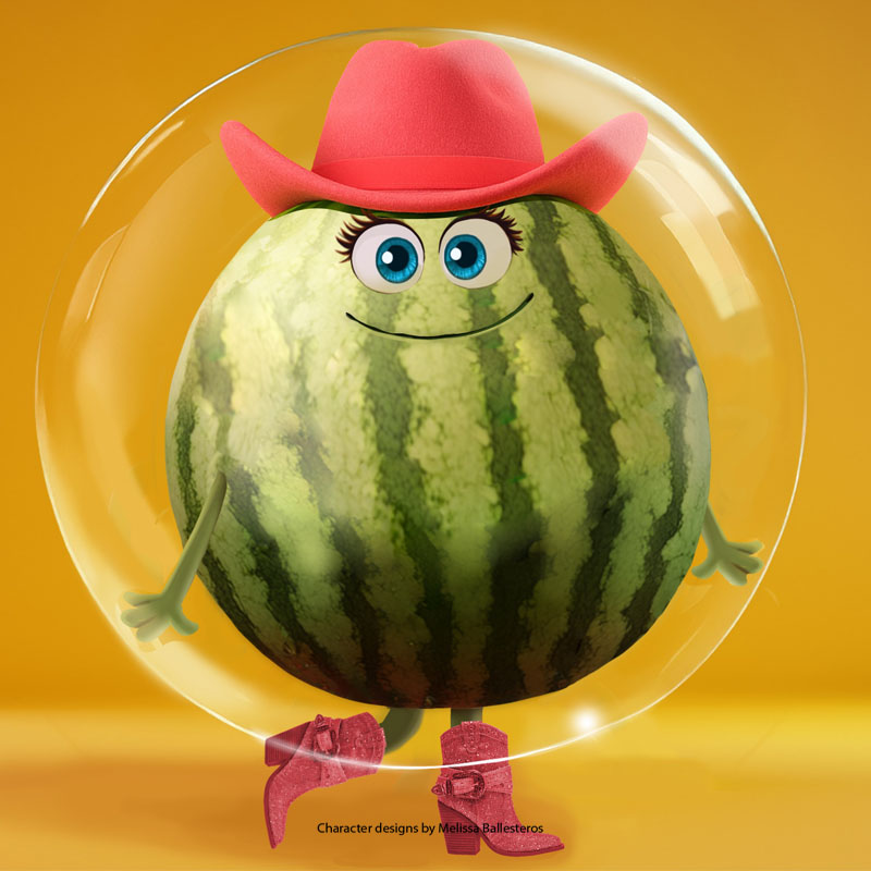 Sandía Cowgirl — Render 3D, character design by Melissa Ballesteros