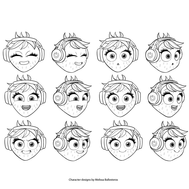 Fresa con Audífonos — Expresiones, character design by Melissa Ballesteros