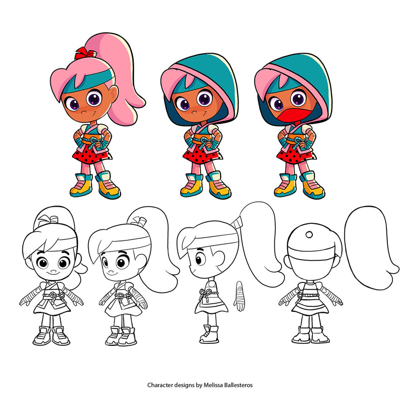 Niña Ninja — Variantes de Vestuario y Giro, character design by Melissa Ballesteros