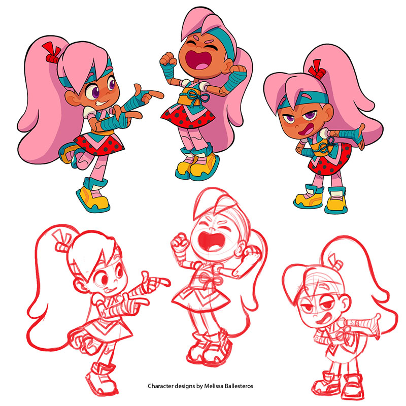 Niña Ninja con Pelo Rosa — Expresiones en Color, character design by Melissa Ballesteros