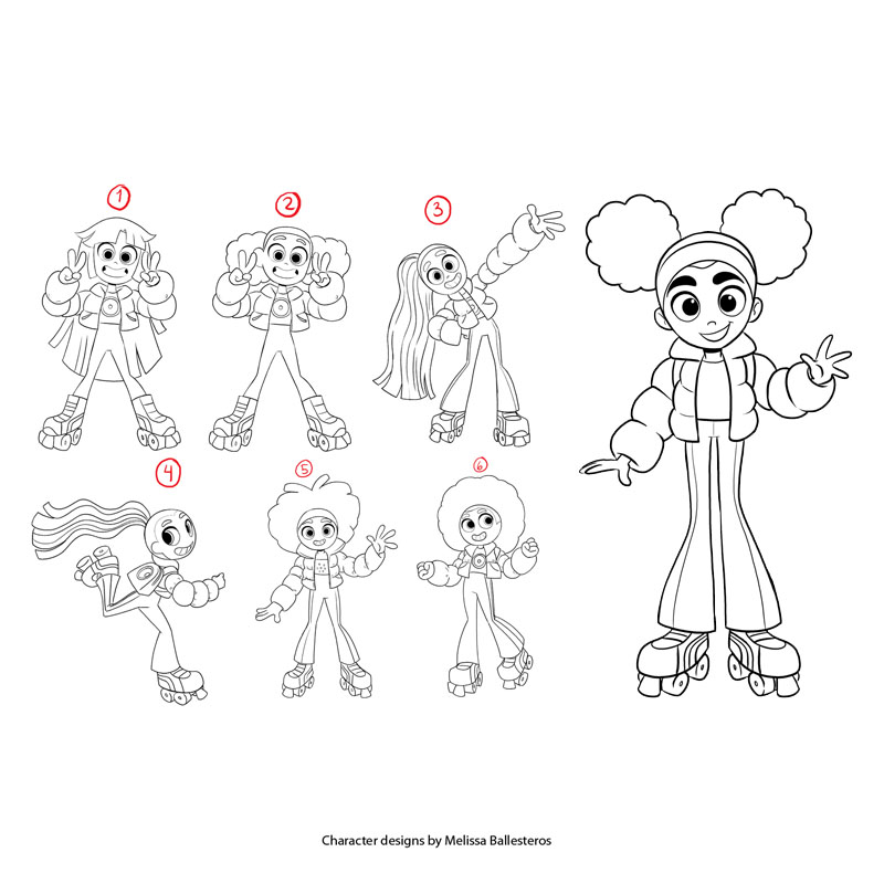 Chica Roller con Afro — Variantes de Diseño, character design by Melissa Ballesteros