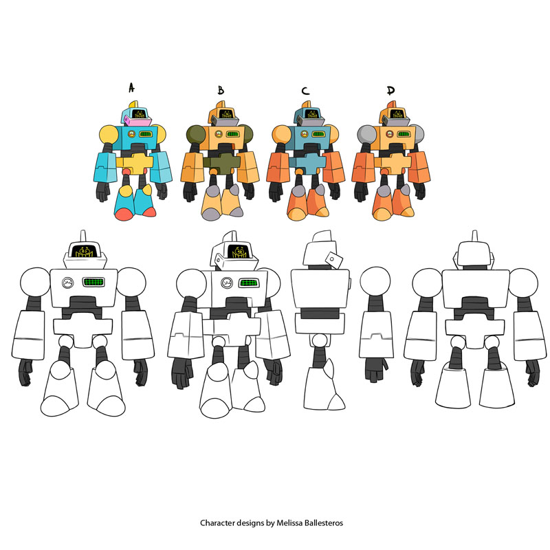Robot Cuadrado — Variantes de Color y Giro, character design by Melissa Ballesteros